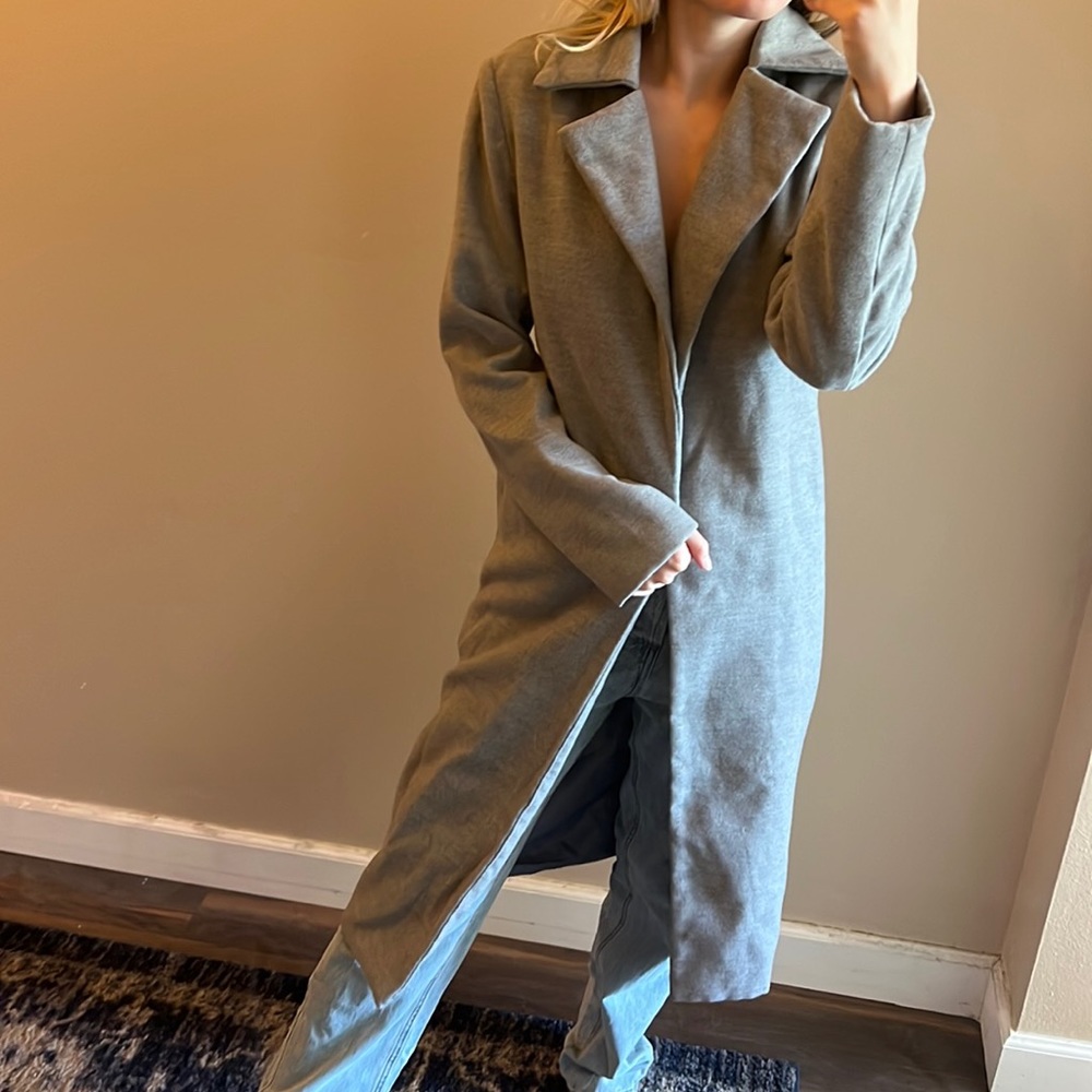 🩶grey longline open front wool-feel trench coat